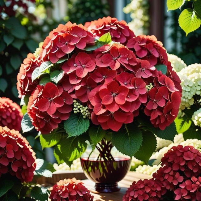 Czerwona hortensja bukietowa cięcie