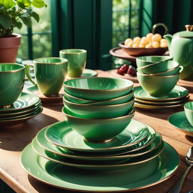 Klasyczne naczynia z zielonymi detalmi